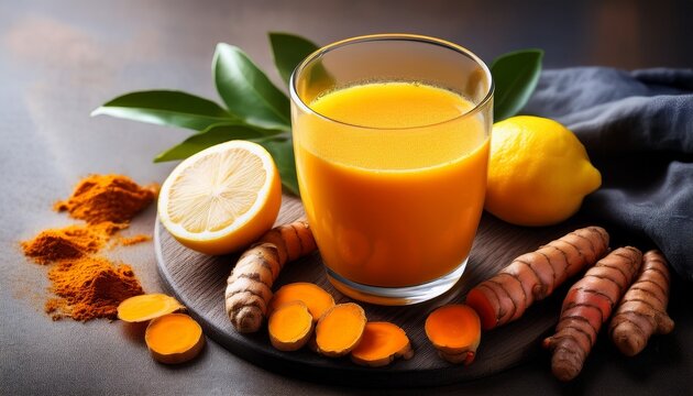 glass of orange turmeric juice with fresh lemons and turmeric roots on table