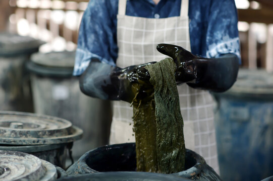 Master artisan hand-dyeing cotton yarn in natural indigo, traditional craft of Sakon Nakhon, Thailand.