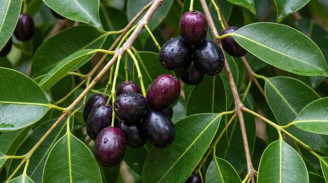 Clusters of ripe, dark purple java plum fruits, also known as syzygium cumini, hanging from a tree branch with smooth, vibrant green leaves and visible water droplets on the fruit skins