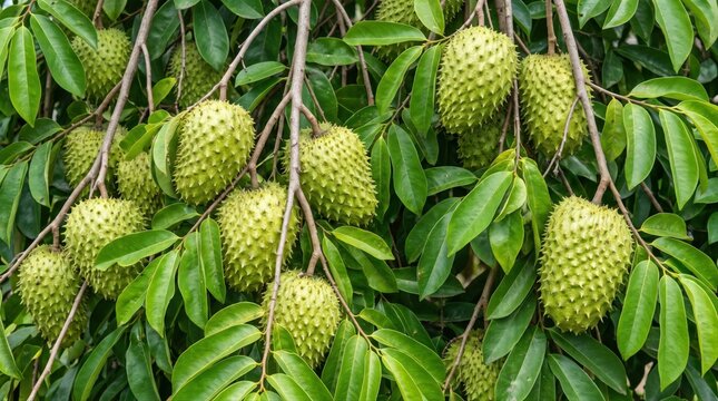 Clusters of spiky, green soursop fruits hanging from tree branches with lush, dark green leaves in a tropical orchard setting, close-up view of annona muricata fruit skin texture