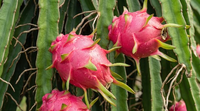 Three vibrant pink dragon fruits with green scales hanging from a succulent cactus plant, featuring water droplets on the textured skin and long fibrous aerial roots in a farm setting