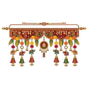 Traditional Indian Toran Door Hanging Decoration with Shubh Labh and Lord Ganesha for Diwali Festival Vector Illustration