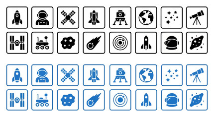 Space exploration and astronomy icons collection featuring rockets astronauts and cosmic objects. © Rimon