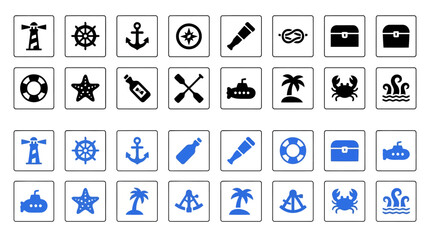 Nautical and marine life icons set for maritime themes and ocean adventures. © Rimon