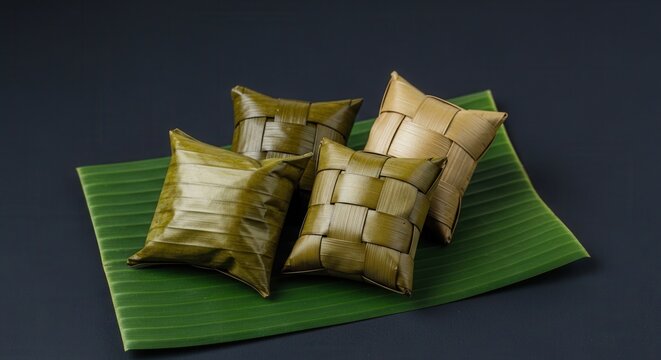 Traditional Indonesian Ketupat Rice Cakes on Banana Leaf.