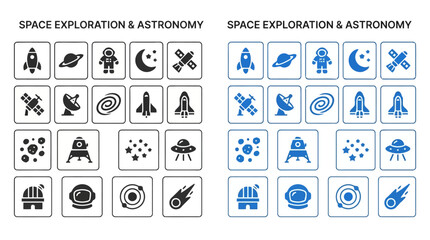 Space exploration and astronomy icons, rocket, planet, astronaut, moon, satellite, radar, galaxy, spaceship, asteroid, lander, stars, UFO, observatory, helmet, comet. © Rimon