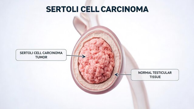 Plain white background cross-section 3D anatomical render of Sertoli Cell Carcinoma, human testicle showing large malignant tumor mass contrasted with surrounding normal testicular tissue male reprodu