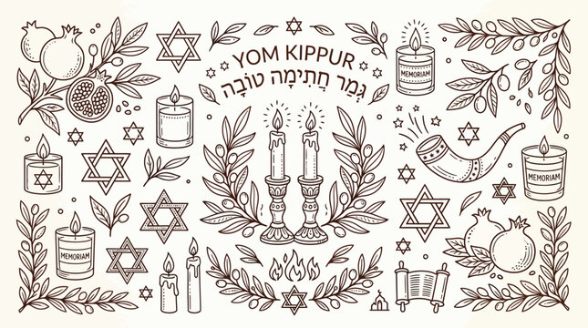 Yom Kippur Symbols and Decorations: Candles, Star of David, Pomegranates, Shofar, and Torah Scroll.