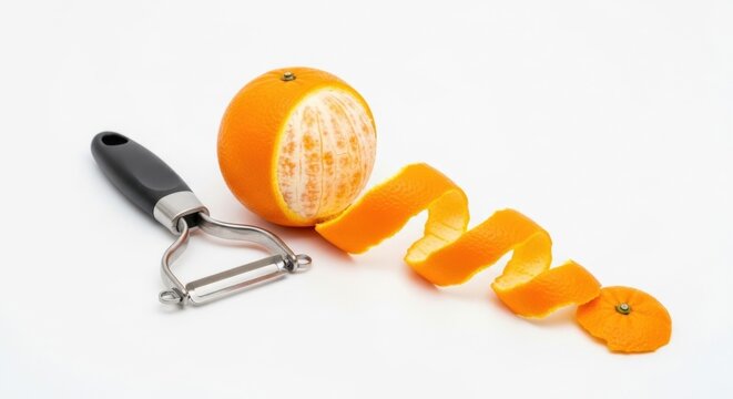 Fresh orange peeled with zester on white background.