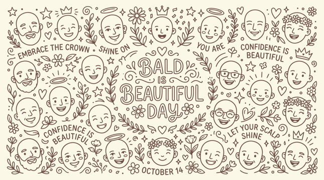 Bald is Beautiful Day illustration celebrating diversity and confidence with smiling bald heads and positive affirmations.