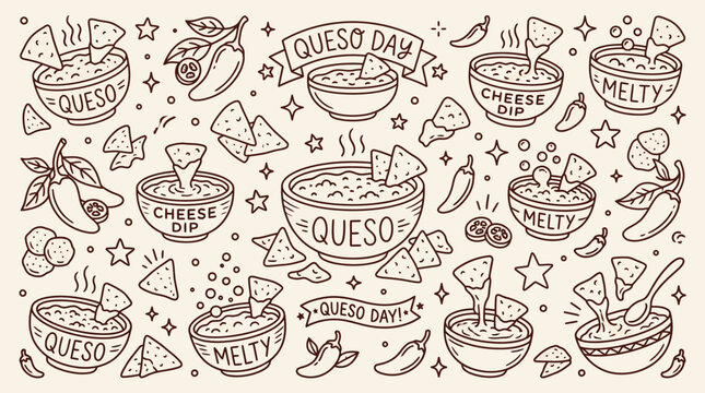 Hand-drawn illustration of various bowls of queso and cheese dip with tortilla chips, celebrating Queso Day with festive elements.