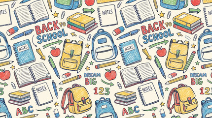 Fototapeta premium Seamless Pattern: Back to School Supplies - Backpacks, Books, Pencils, Apples