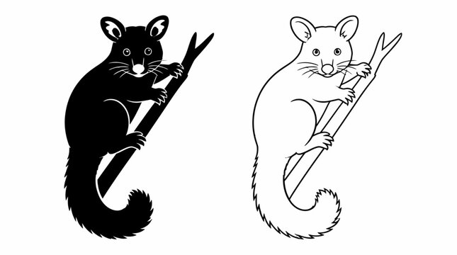 Stylized possum climbing branch, graphic silhouette and outline art