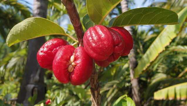 Vivid Red Syzygium Fruits Ripening on a Tree Branch in Tropical Sunlight