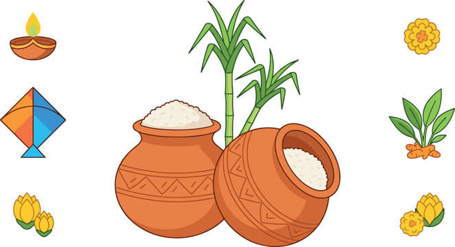 Pongal and Makar Sankranti Harvest Festival Vector Set with Rice Mud Pots, Sugarcane Stalks, Kite, Diya Oil Lamp, and Marigold Flowers for Indian Cultural Celebrations