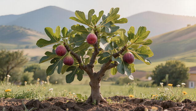 Young Fig Tree with Ripe Fruits in a Sunny Rural Landscape
