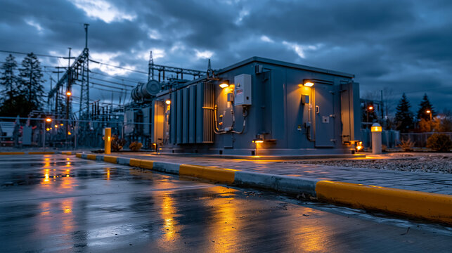 Electrical power substation exterior building under a dark cloudy evening sky