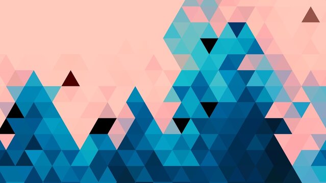 Blue low poly geometric triangle mosaic forming mountain shape on light pink abstract background.