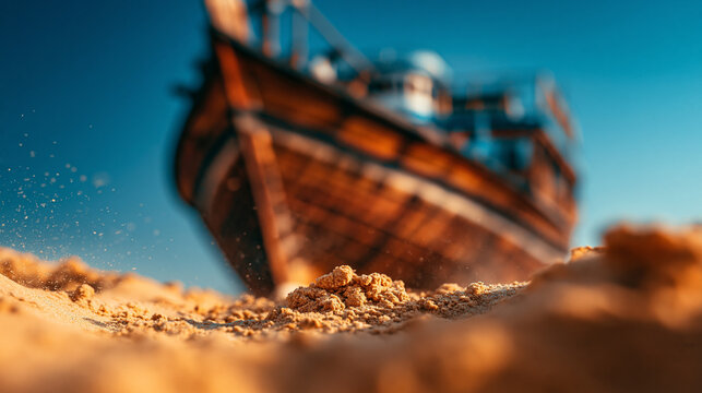 Old weathered wooden boat hull resting on sand at tropical beach with nautical