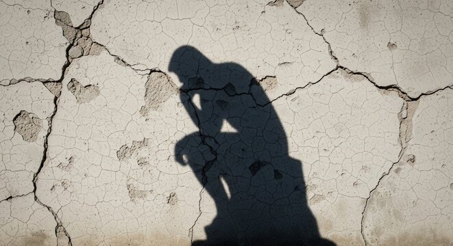 Silhouette of a man in deep thought against a cracked wall background.