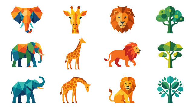Low poly African animal and tree vector set featuring geometric elephant, giraffe, lion, and trees isolated on white background