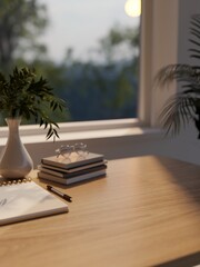 Obraz premium Cozy workspace desk with notebook pen glasses and plant vase near window