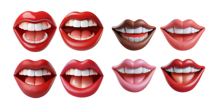 Diverse Smiling Lips and Mouths Collection with Different Shades, isolated on transparent background