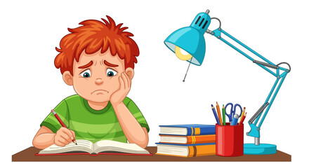 Sad boy studying at desk with books and lamp, frustrated student doing homework, unhappy child learning in classroom or home office vector