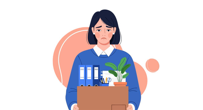 Sad fired woman holding cardboard box with office belongings. Fired employee leaving job after being laid off. Unhappy worker dismissed from work.