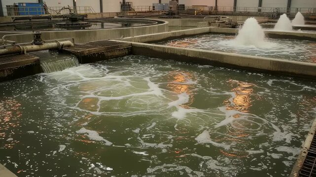 Wastewater treatment plant with aeration basin for water purification. Industrial sewage cleaning process with bubbling tanks in large facility for ecology.