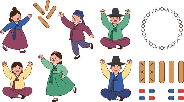 Traditional Korean New Year Seollal Clipart Set with Cute Children Wearing Hanbok Playing Yut Nori Game Board and Wooden Sticks