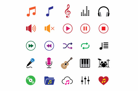 Set of music vector icons, audio player buttons, musical notes, headphones, microphone, guitar, piano keys, equalizer, and playlist controls isolated on white background.