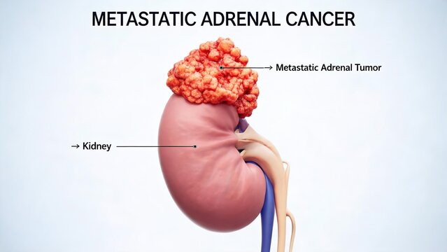 White background 3D medical anatomy illustration of Metastatic Adrenal Cancer, large metastatic tumor growing atop human kidney, labeled renal organ and adrenal metastatic neoplasm urological oncology