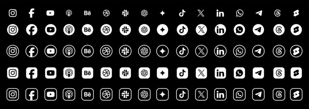 Mega collection of social media logo icons set.  Huge set of social media icon sheet featuring instagram facebook youtube apple podcasts behance dribbble slack openai sparkle ai tiktok x