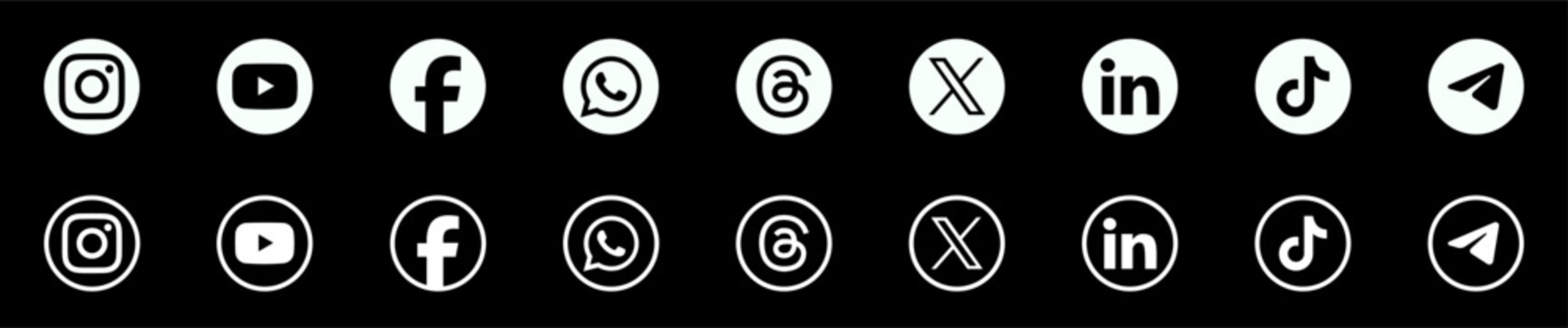 Icon Sheet of social media black icon set featuring threads youtube facebook whatsapp instagram x linkedin tiktok telegram