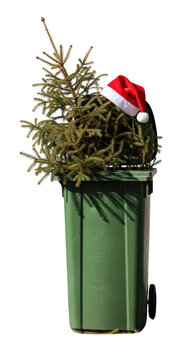 Green trash can with Christmas tree.