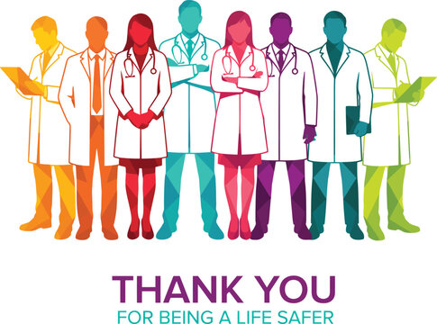 A group of diverse medical doctors and healthcare workers standing together in white coats, colorful geometric style, thank you message