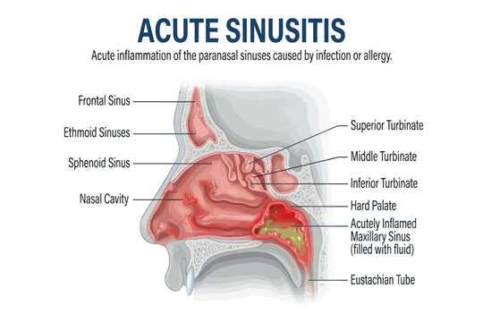 Medical illustration of acute sinusitis showing human nasal cavity anatomy, paranasal sinuses, inflammation, and infected fluid accumulation in the maxillary sinus