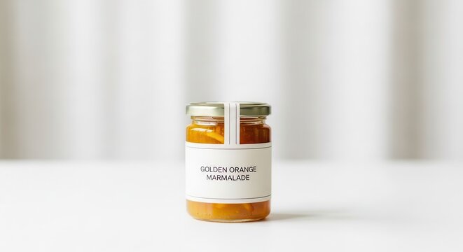 Small glass jar of artisanal marmalade with a white label against a soft white background.