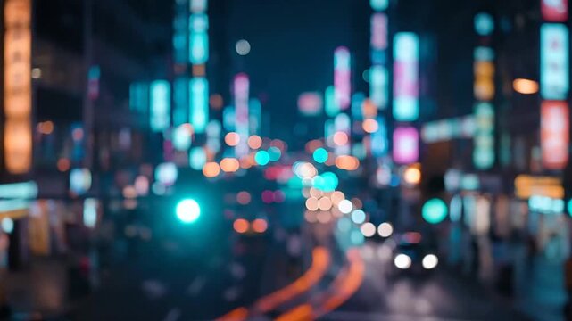 Vivid urban city streets illuminated with vibrant neon and LED lights at night
