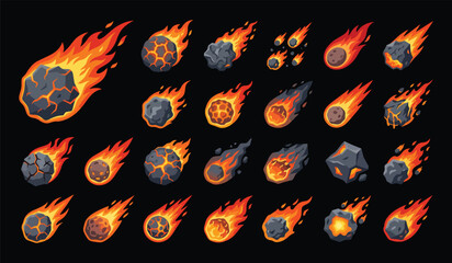 A collection of cartoon meteorites and glowing comets with fiery trails on a dark background for design © kaab zaelani