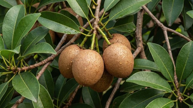 Cluster of ripe, brown sapodilla fruits hanging from a tree branch, surrounded by lush green foliage with visible water droplets on the textured skin of the round tropical chikoo fruits