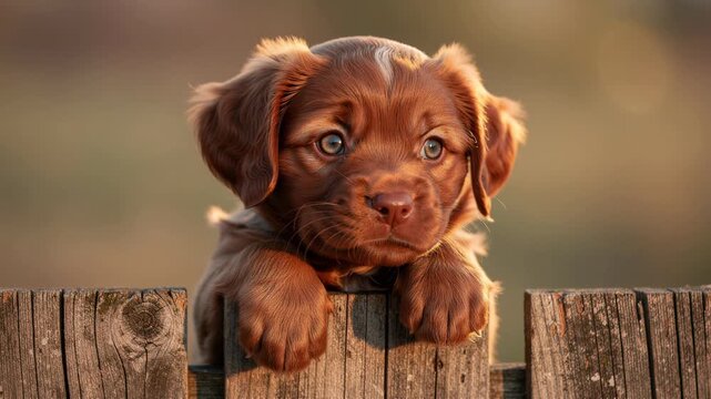 Adorable brown puppy resting paws on wooden fence outdoor close up portrait