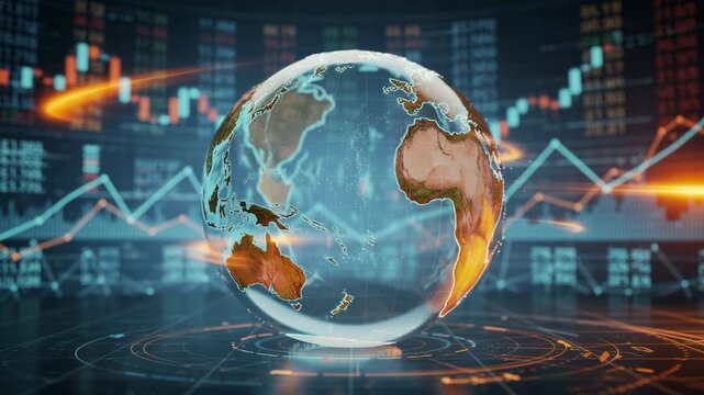 Digital globe with Australia and Asia focus over futuristic financial data and stock market graphs