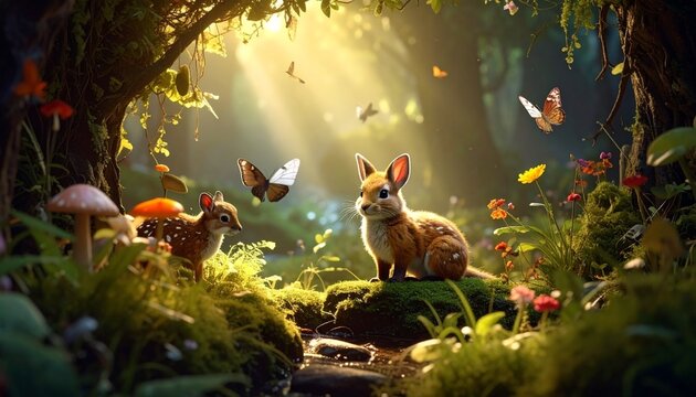 Enchanting Forest Scene with Fennec Foxes and Butterflies.