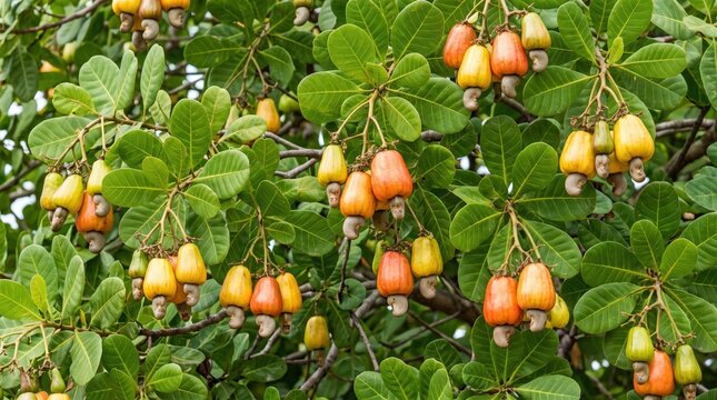 Clusters of ripe yellow and orange cashew apples hanging from green leafy branches on a tropical tree, showing the attached gray kidney-shaped cashew nuts in a natural orchard setting