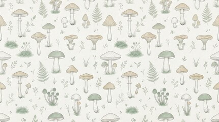 Fototapeta premium Finland pattern with hand drawn woodland mushrooms and forest ferns mushroom woodland botanical seamless scandinavian