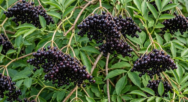Clusters of ripe, dark purple elderberries hanging from branches with vibrant green leaves on a shrub, close-up view of wild sambucus nigra fruit in a natural outdoor setting