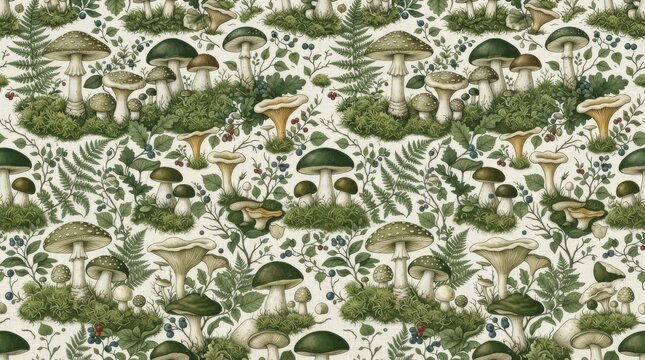 Finland pattern mushroom forest fungi seamless textile design with mushroom botanical seamless background woodland