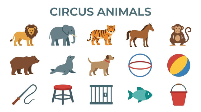 Flat collection of circus animals and performance props